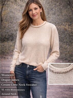 Draper James Cream Crew Neck Sweater XL with rhinestones around neck